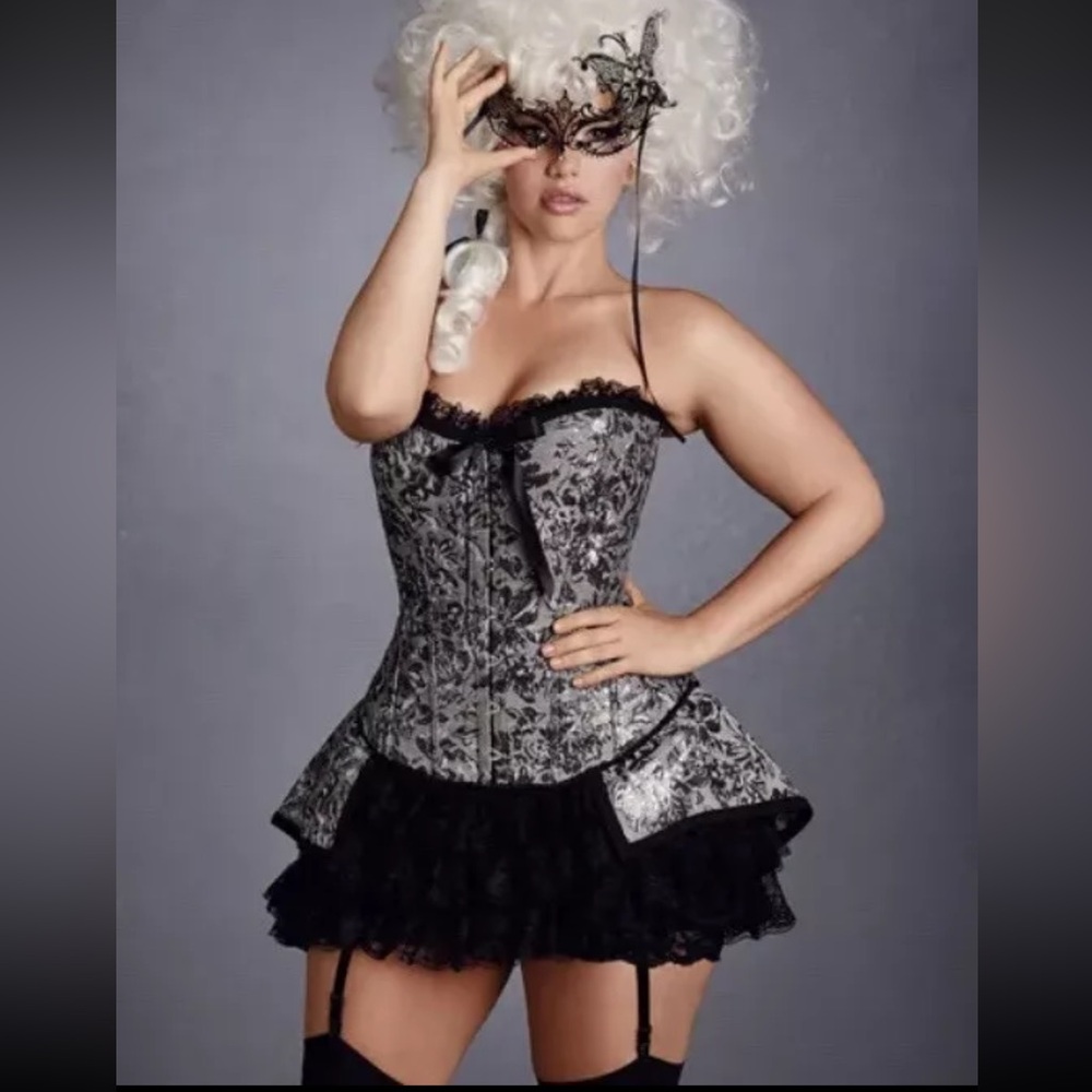 Masquerade Set Silver brocade & Black Lace Corset Set lingerie